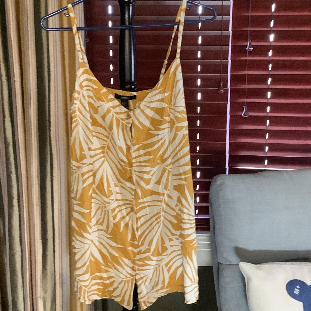 Forever 21 Mustard and White Leaf Print Tank Tops